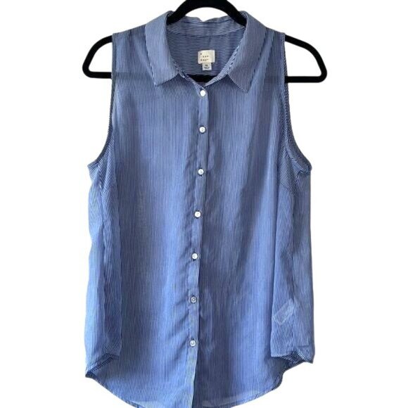 A New Day Blue & White Striped Sleeveless Button-Down Collared Blouse XL 100% Po - Picture 1 of 8